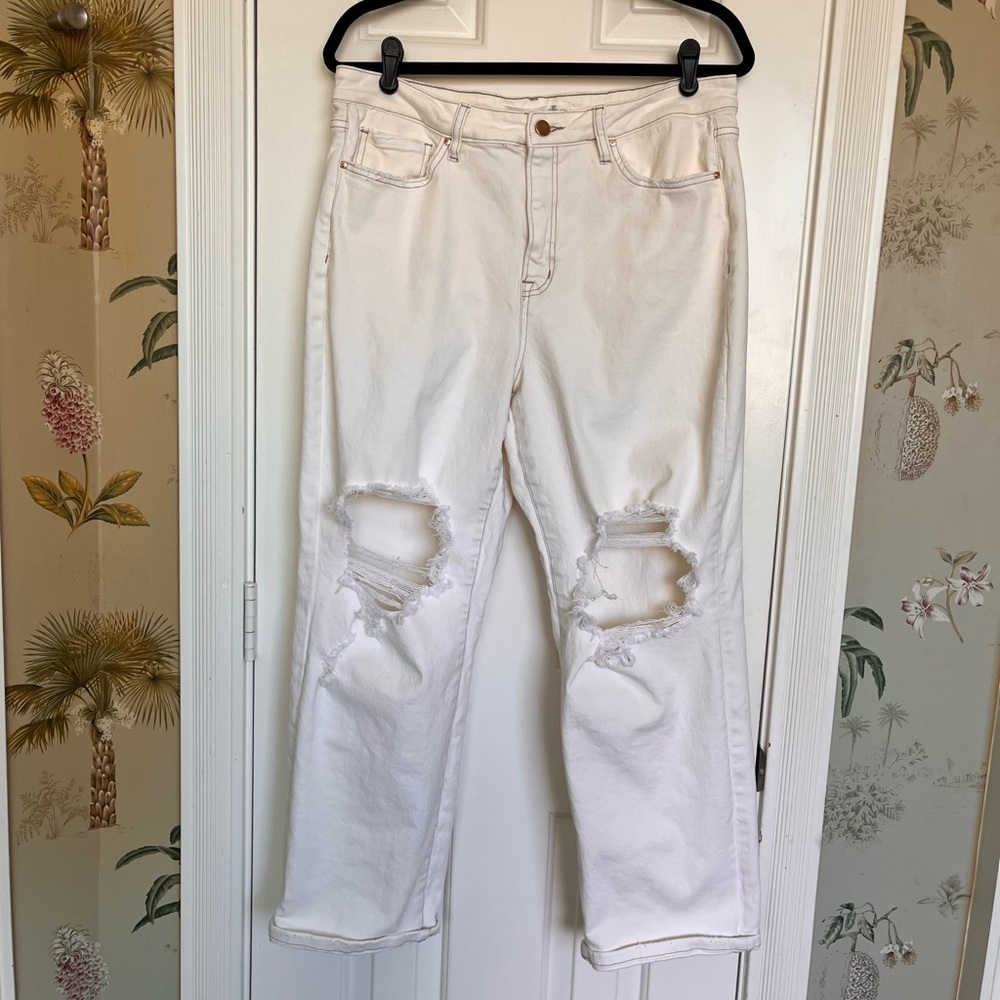 Altar'd State Cream Distressed Straight Leg Jeans